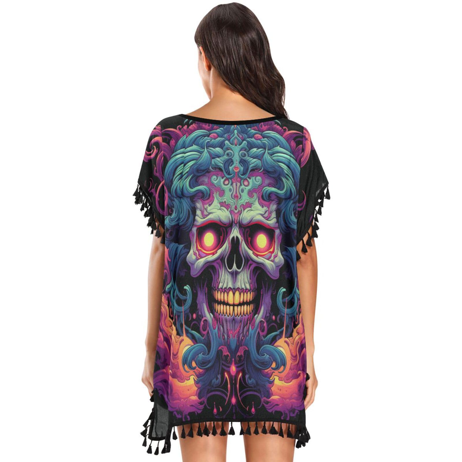 Fired Skull Abstract Art Women's Beach Cover Up Chiffon Tassel Swimwear Swimsuit Coverups for Girl