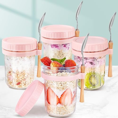 Miniatura 7 de Recipientes de vidrio para avena durante la noche con tapas y cuchara, tarros Mason de boca ancha de 16 onzas para avena nocturna, cereales, yogur,