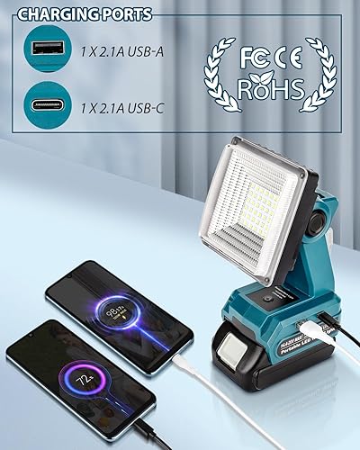 Miniatura 4 de Luz de trabajo LED inalámbrica para batería Makita LXT de 18 V, reflector LED de 25 W con puertos de carga rápida USB-A y USB-C 2.1A para lugar de