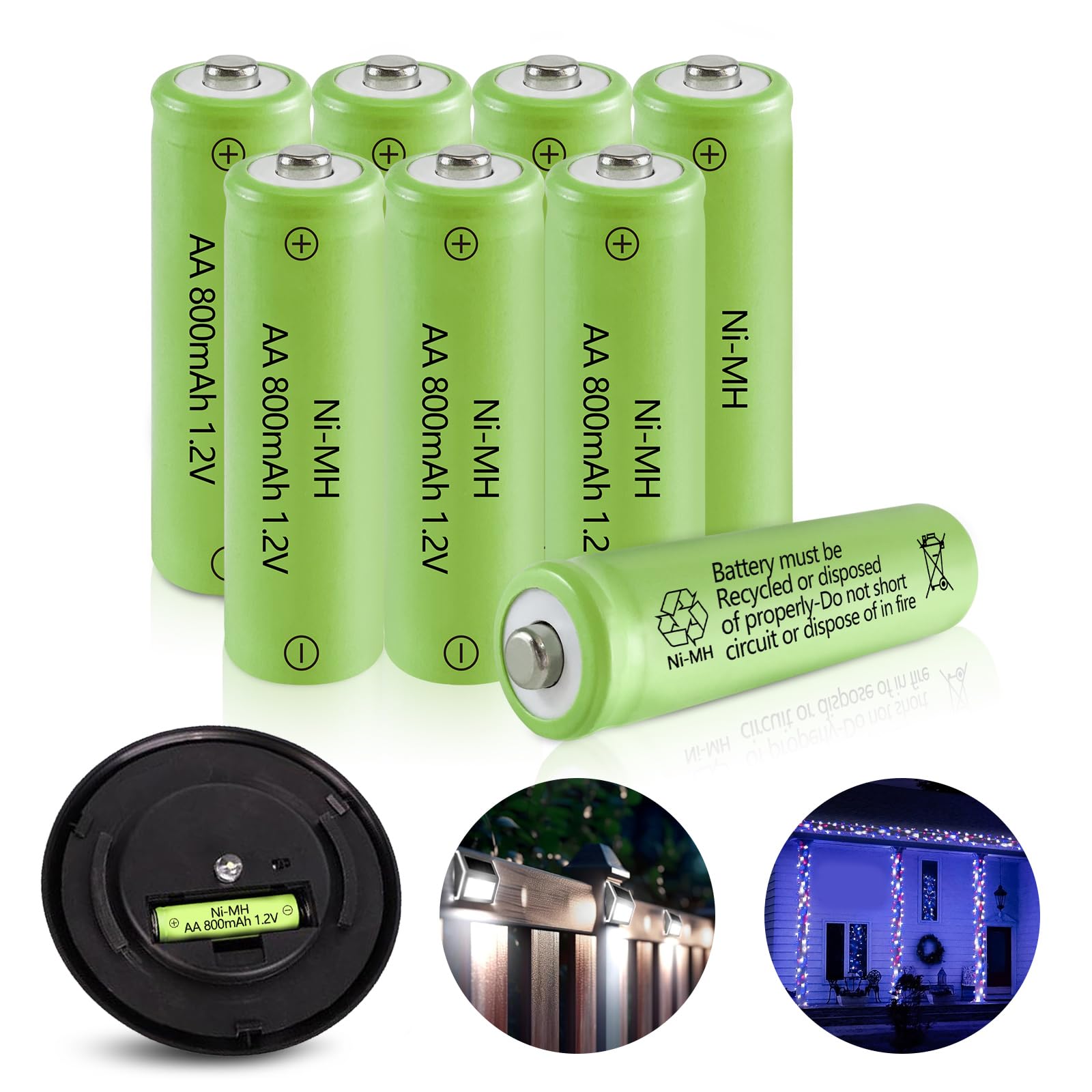 JINTION Solar AA Rechargeable Batteries, 1.2V Ni-MH Double A 800 mAh Pre-Charged Battery for Lights Lantern Lamp Toys Replacement, 8 Pack