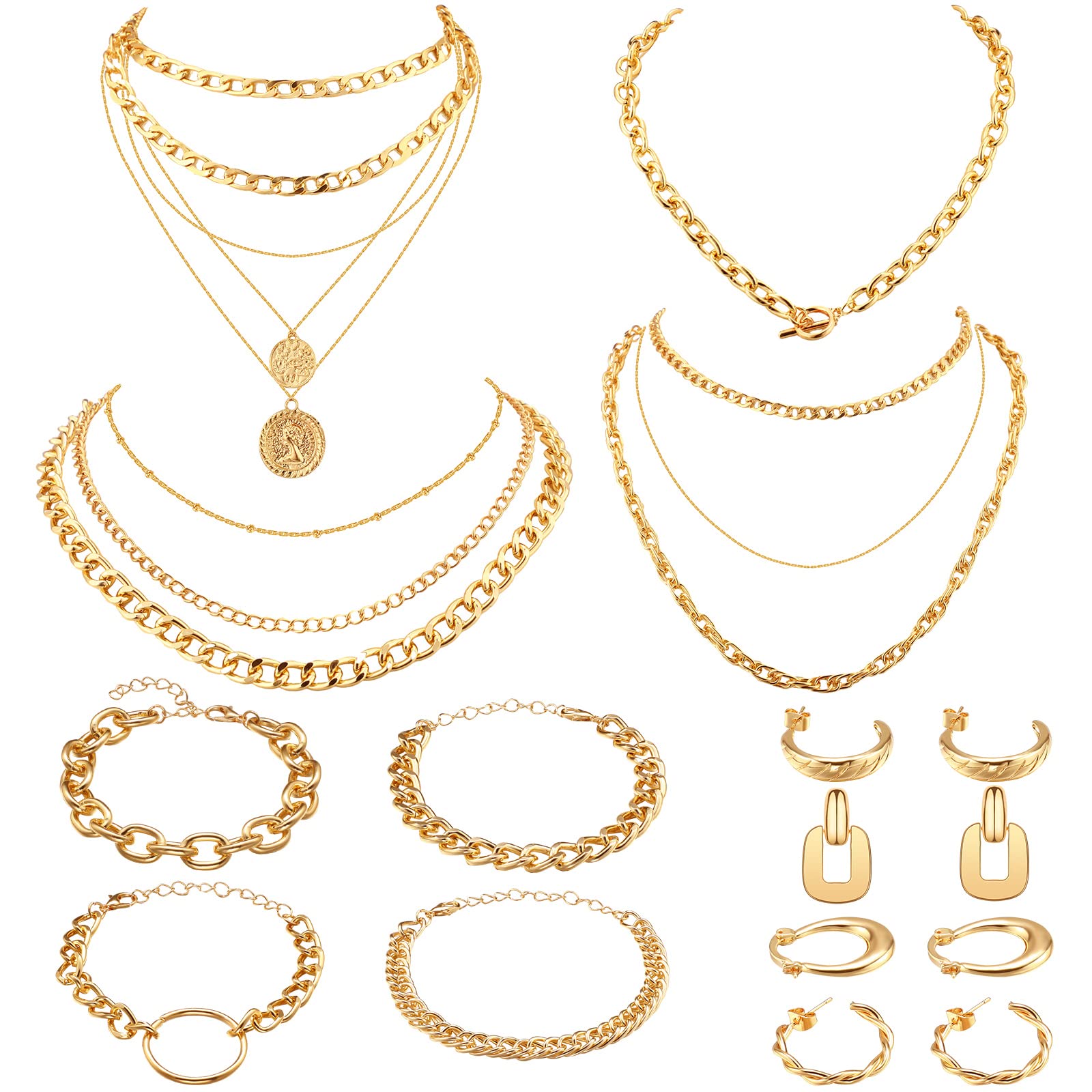 Tiamon12 Pcs Gold Silver Jewelry Sets for Women Layered Set of Earring Necklace Bracelets for Teen Girl Men Christmas Jewelry Gifts