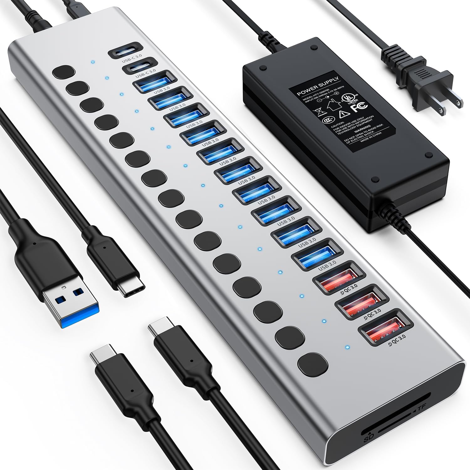 Powered USB Hub, VANGREE 17-Port 90W USB 3.0 Hub (10 USB 3.0 Ports+3 QC24W Fast Charging Ports+2 USB-C 3.0 Ports+SD/TF Card Reader), Individual On/Off Switches, 12V/7.5A Power Adapter for Laptop, PC