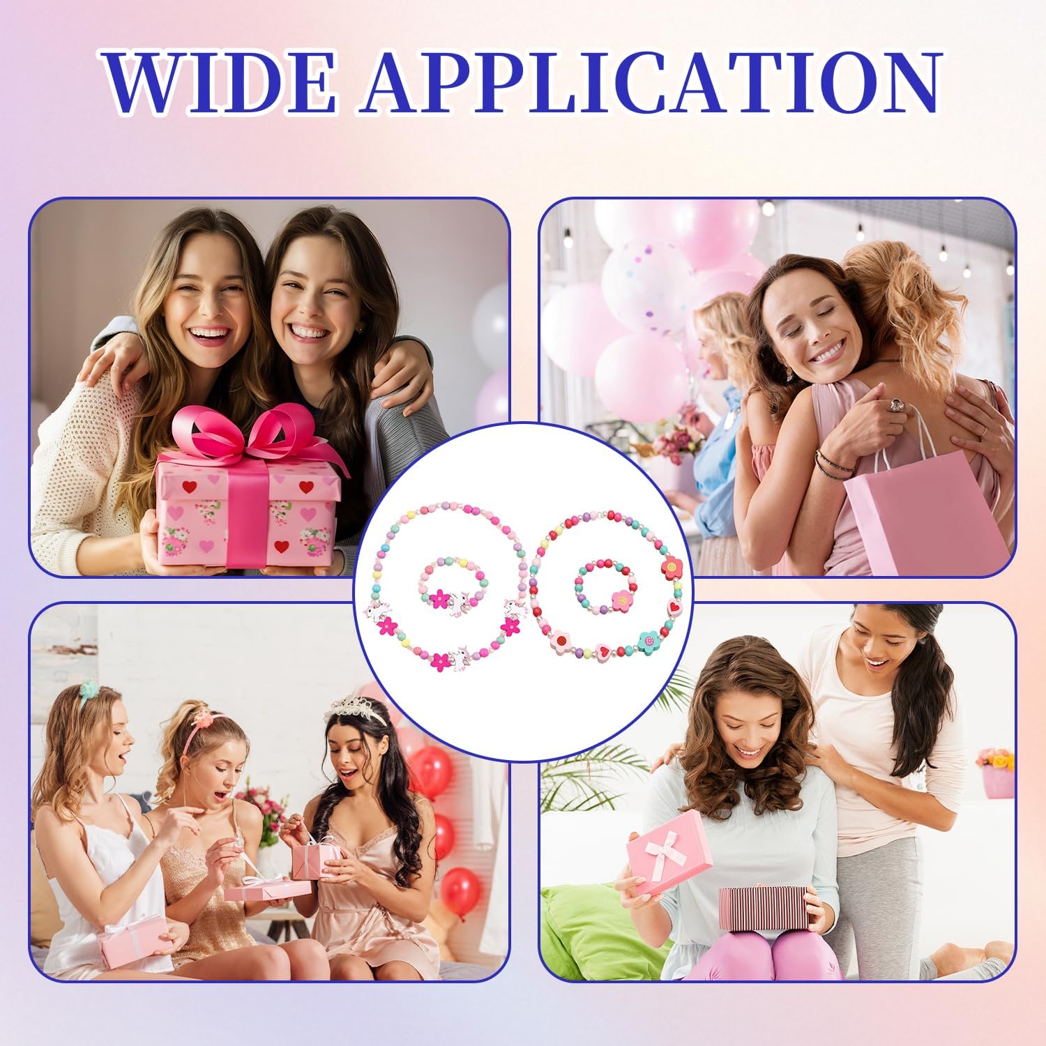 Juego de 4 joyas de madera para niños, collar de dibujos animados para niñas, pulsera de perlas de flores, collar y pulsera de unicornio, regalo para niñas, fiesta de cumpleaños, accesorios de disfraz