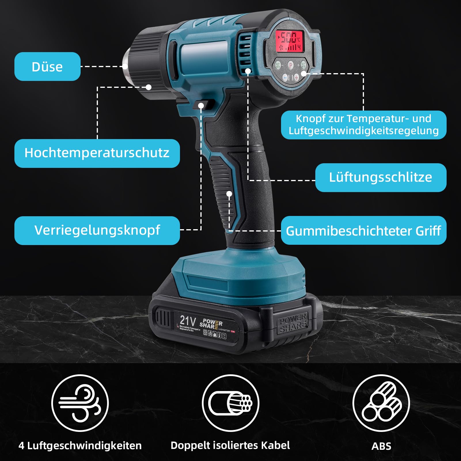 Kit de pistola de aire caliente con batería de 200 ℃ y 300 ℃ con 2 baterías de 21 V, pantalla digital LCD, 3 boquillas, soplador de aire caliente eléctrico, calentamiento rápido para decapar