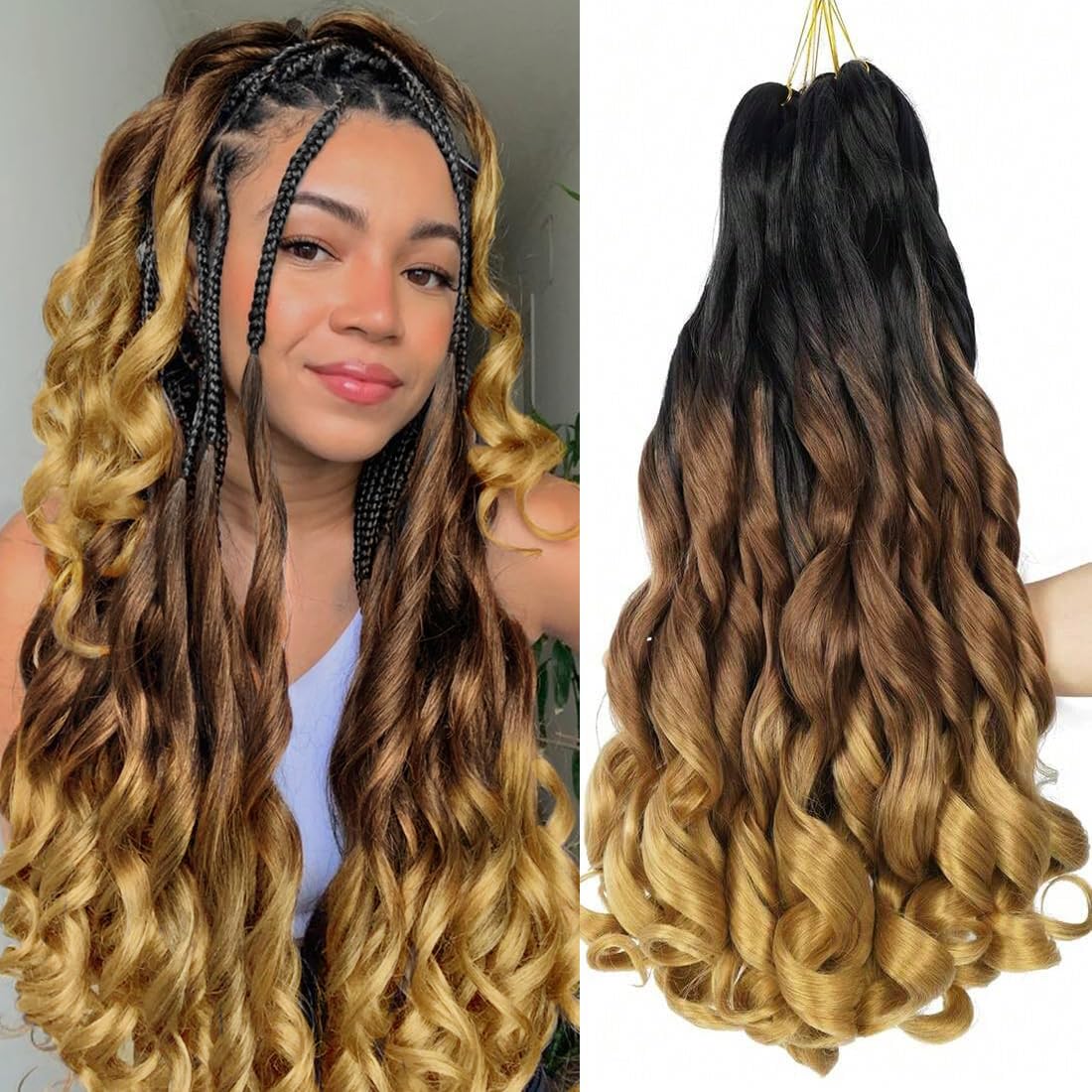 WIPPORYA French Curl Ombre Braiding Hair Pre Stretched 24 inch 6 Packs Wave Bouncy Braiding Hair French Curl Braids Yaki Curly Hair for Black Women