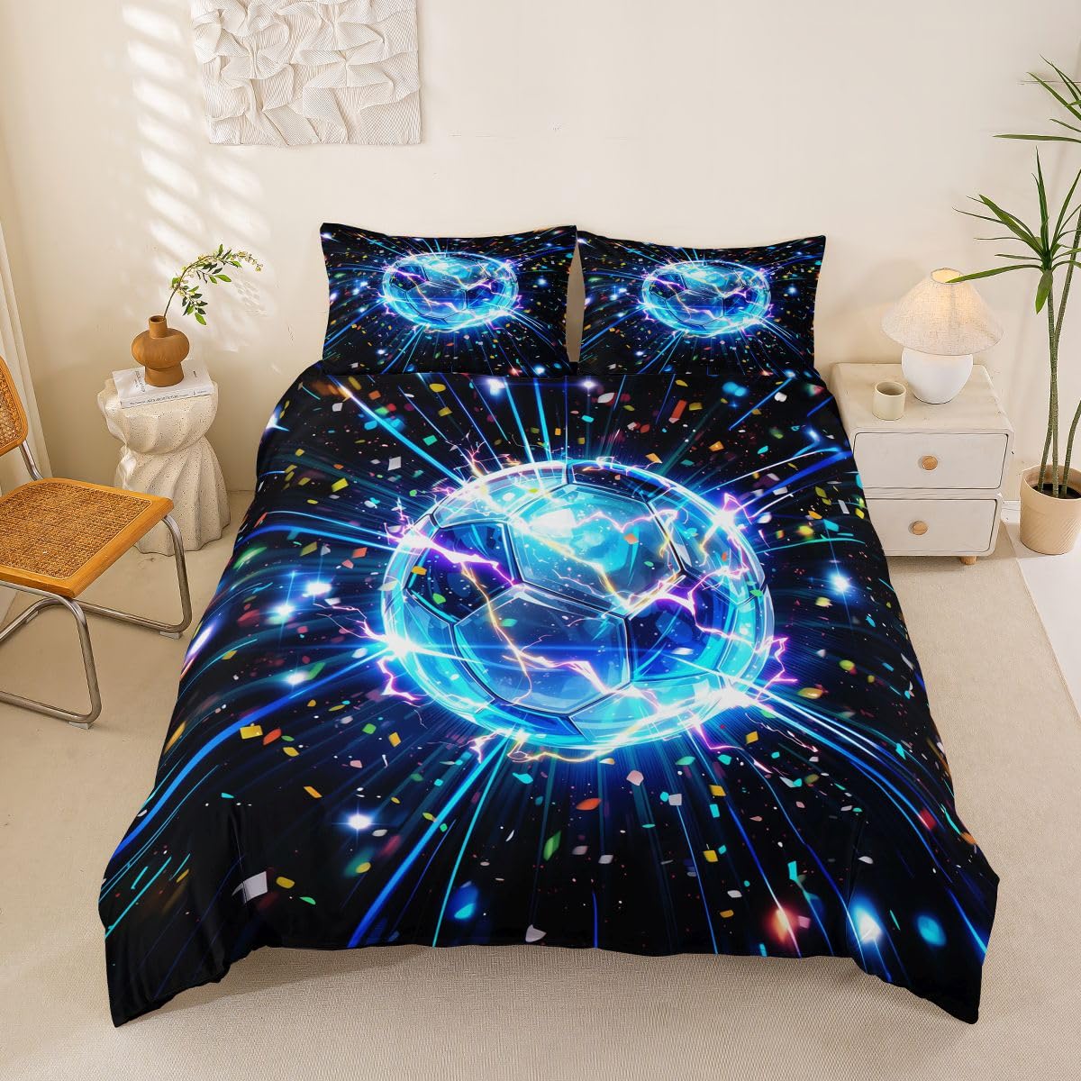 Homewish Lightning Soccer Super King poszewka na kołdrę niebieski neon piłka nożna zestaw pościeli estetyczna sztuka świecąca piłka nożna poszewka na kołdrę fajne sporty piłka gra zestawy łóżek