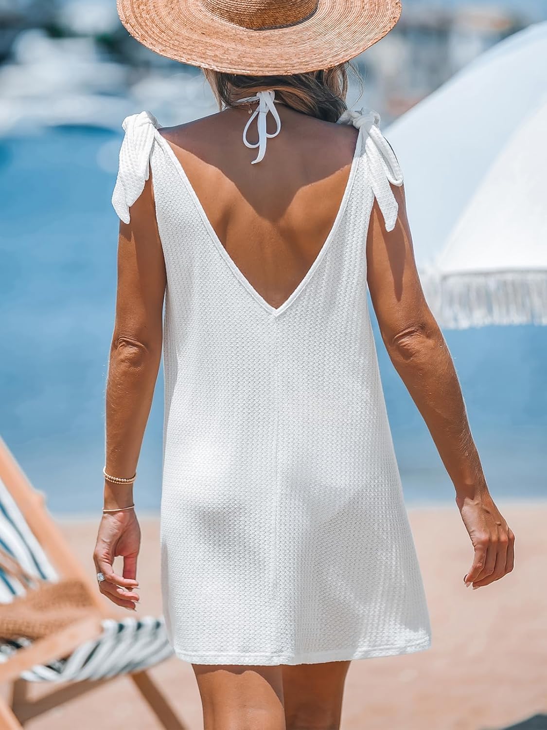 CUPSHE Women Swimsuit Coverup Sleeveless Tie Shoulder Bathing Suit Cover Ups Knit Beach Mini Dress - Image 2