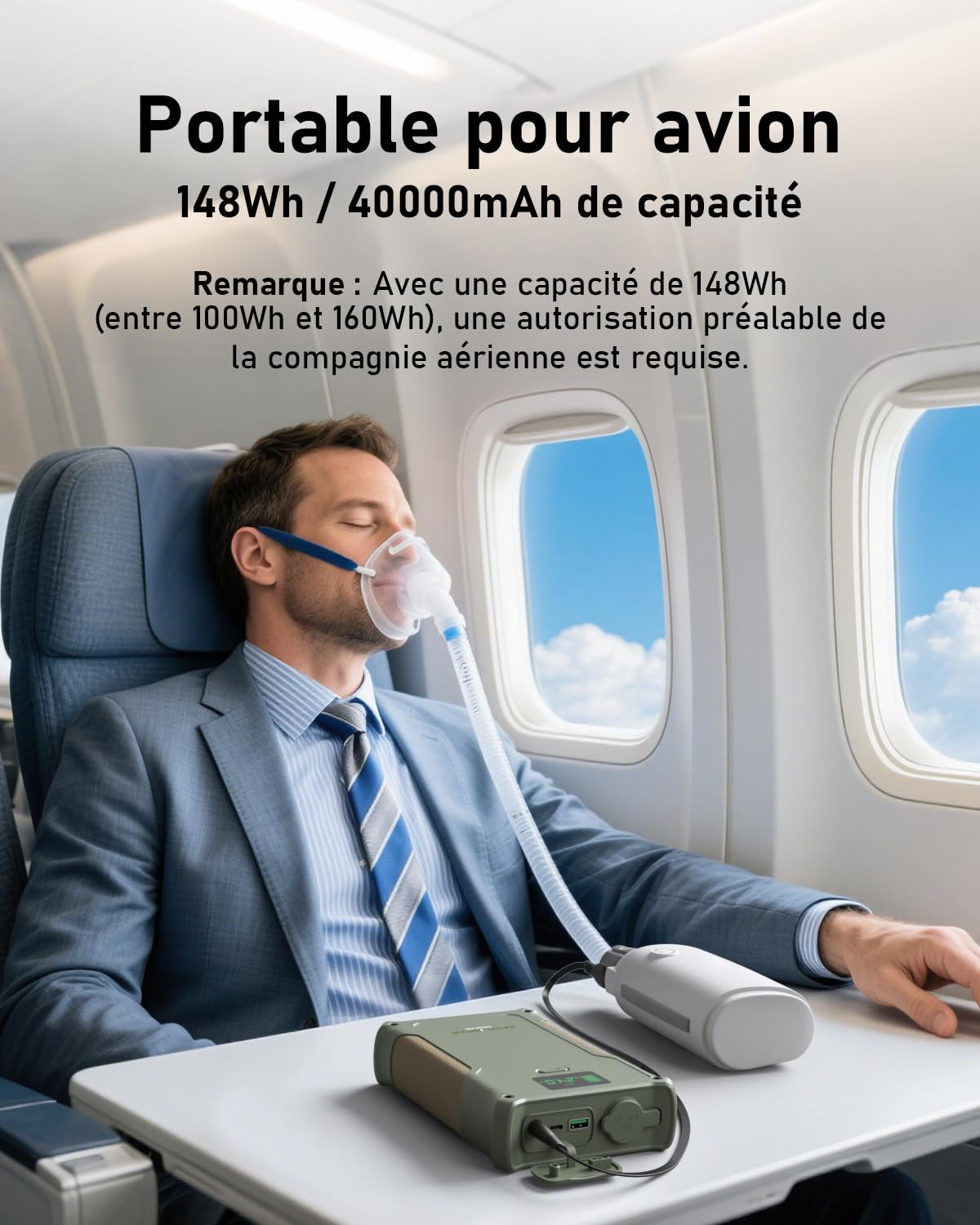 EASYLONGER ES400 148Wh Batterie CPAP,Batterie pour ResMed S9/AirMini/AirSense 10/AirCurve 10/AirSense 11/Philips Dreamstation,40000mAh Batterie CPAP avec 4 Câbles pour Camping