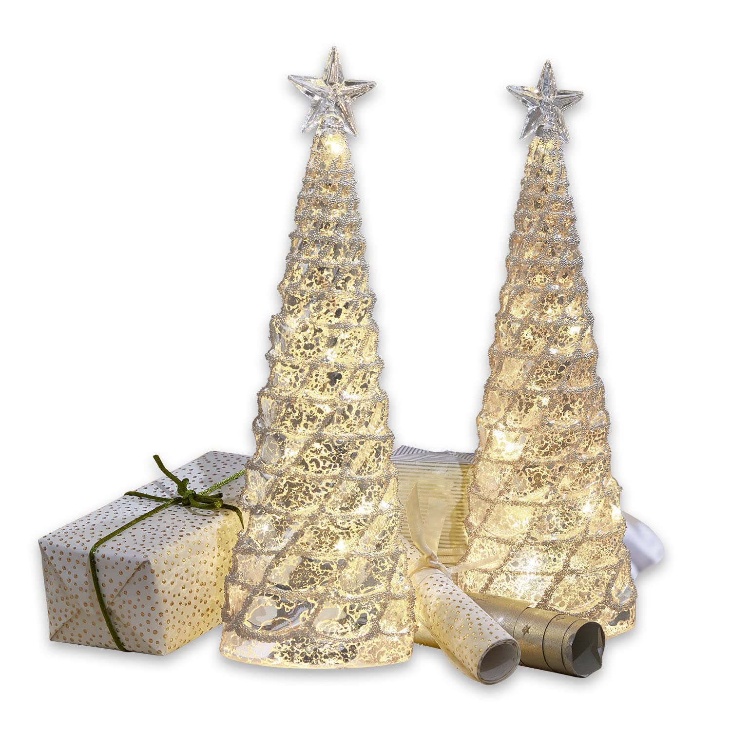 Loberon Deko-Baum 2er Set Glitter, Silber/klar | mit Bauernsilber, inkl. warmweiße LEDs, Wohn-Accessoire,Weihnachtsbeleuchtung, Weihnachtsdekoration, Weihnachten, Glas