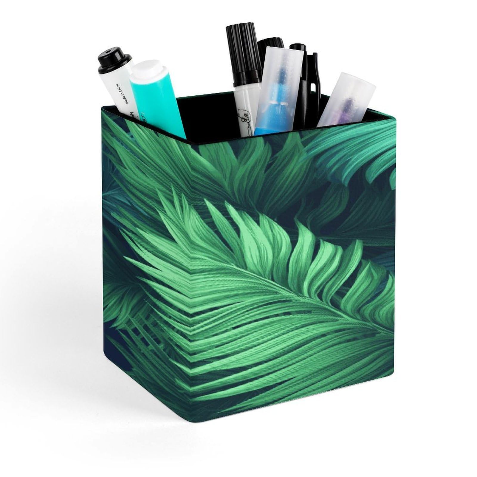 FekiLoot Tropical Palm Leaves Pen Holder Personalized Desktop Pencil Holders Case Office Accessories Container Box for Square Pen Cup Desktop Organizer Makeup Brush Holder Caddy Storage