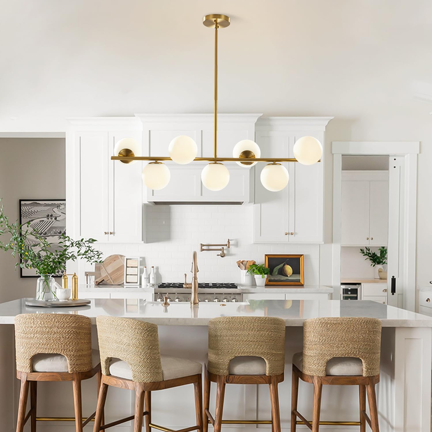 KCO Lighting Lámparas de Comedor Modernas de Metal Dorado, Lámpara Colgante de Isla de Cocina de Vidrio Blanco, 7 Luces, E27, Lámpara Colgante de Bola de Isla de 80 cm de Altura Ajustable