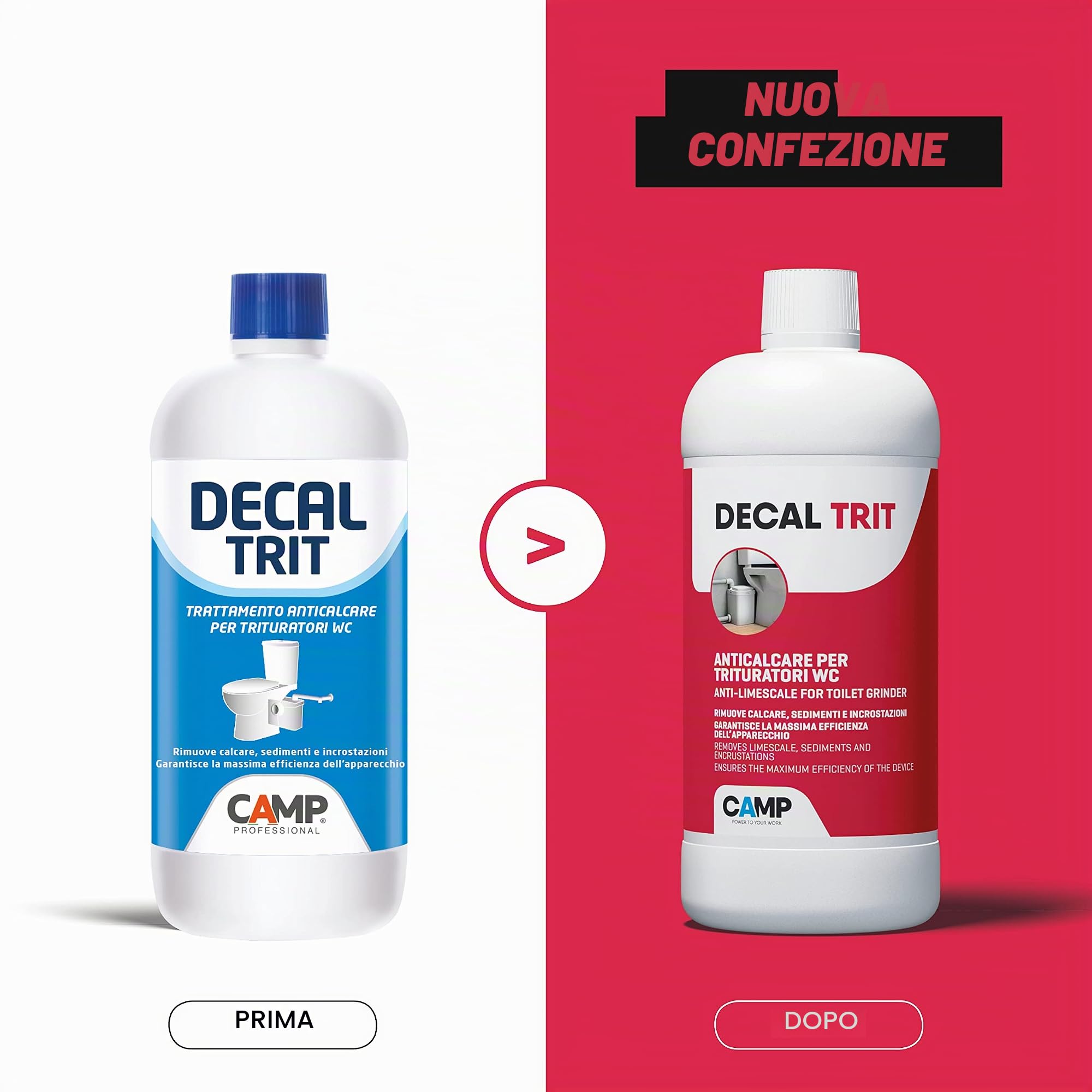 CAMP Decal Trit – Disincrostante WC Anticalcare per Trituratore e Scarico WC - Rimuove Calcare, Sedimenti e Incrostazioni Prevenendo Blocchi e Intasamenti - Pronto all'Uso, 6 x 1l, Made in Italy