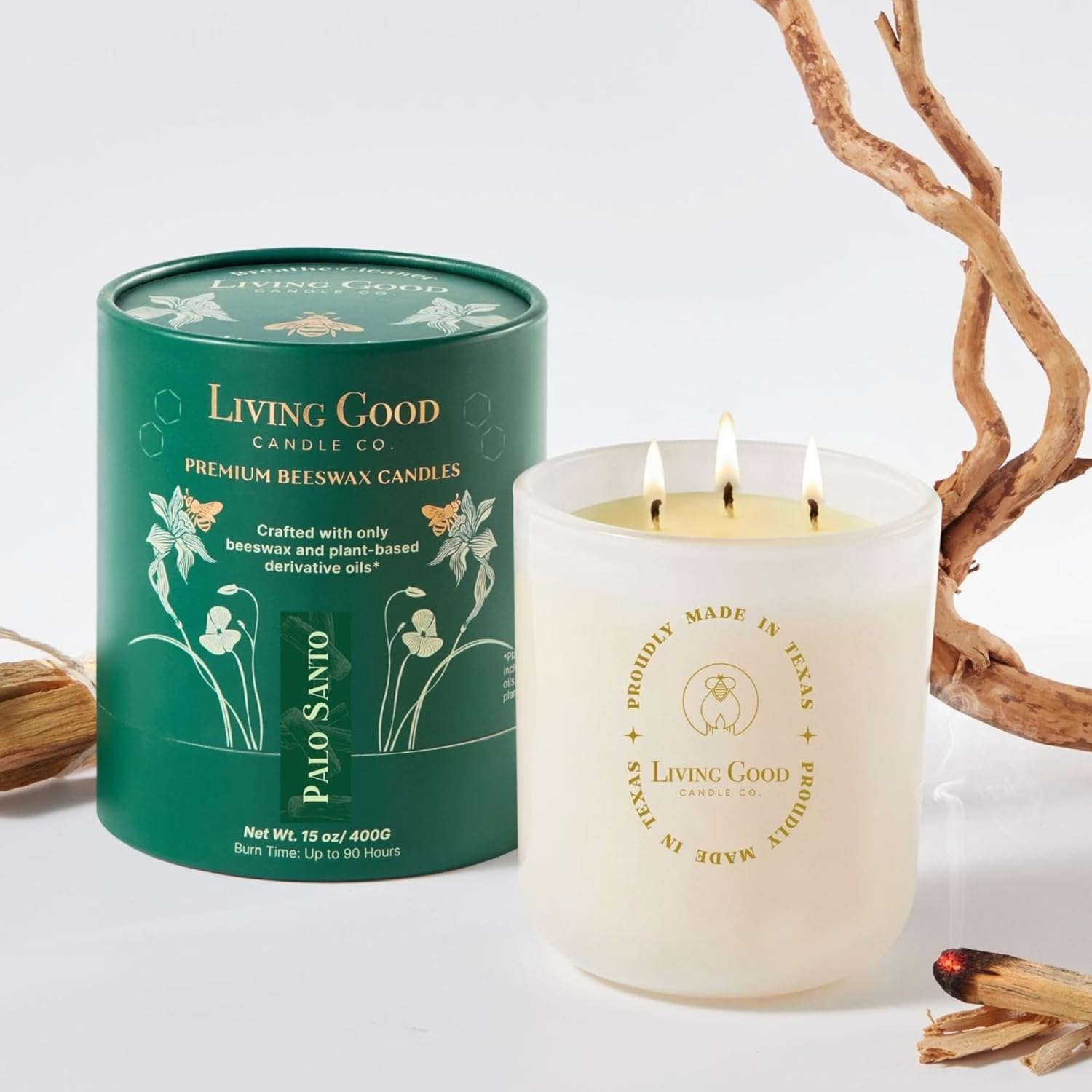 Palo Santo - Palo Santo & Bergamot Pure Beeswax Candle - 90+ Hours Long Burning Classically Designed Non-Toxic Scented Candles for Home Decor and Aromatherapy to Stress & Anxiety Relief - 15 Oz