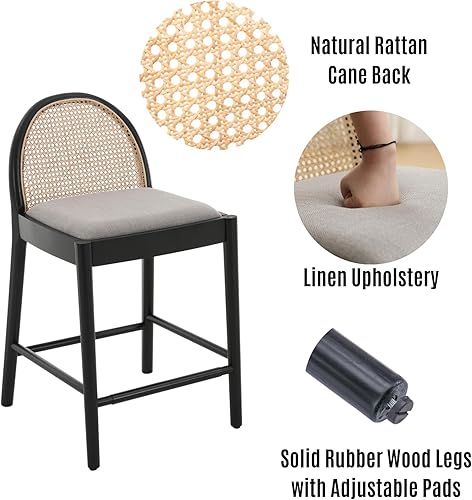 Miniatura 4 de LukeAlon Juego de 2 taburetes modernos de lino para mostrador, de 26 pulgadas de altura de asiento, con patas de madera, caña de ratán natural,