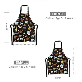 Children Aprons, Pure Cotton Canvas Kids Aprons with Adjustable Neck Strap and Pocket Animal Print Child Chef Aprons for Boys and Girls Cooking Baking Painting Aprons in 2 Sizes (Black 2, L)