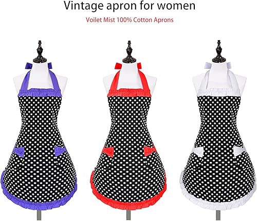 Miniatura 7 de Delantales retro lindos para mujer con bolsillo, delantales vintage de lunares blancos para niñas, delantal con volantes para mujer, delantal de