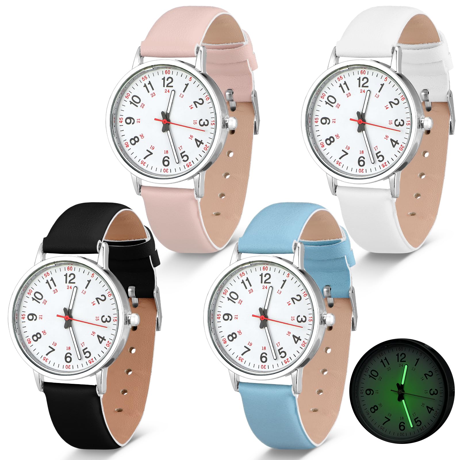 Huquary4 Pcs Nurse Watch for Medical 12/24 Hour Nurse Doctor Students Watch with Second Hand for 2025 Graduation Gifts, Military Time Luminous Read Dial Design, with PU Band, 4 Colors