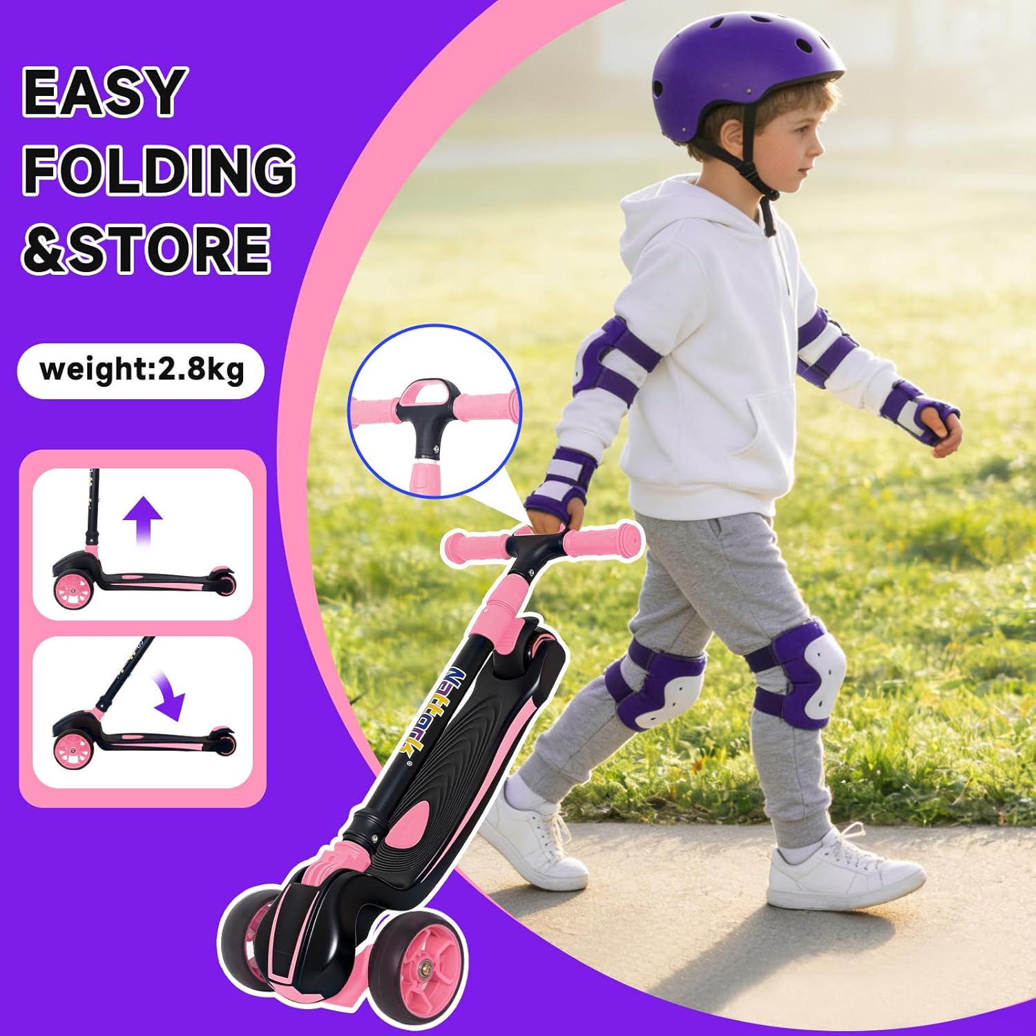 Nattork Kids Scooter for Age 3-8, Toddler Scooter with 4 Adjustable Height for Boys & Girls, Light Up 3-Wheels Foldable Kick Scooter, Lean to Steer, 120LB Weight Capacity