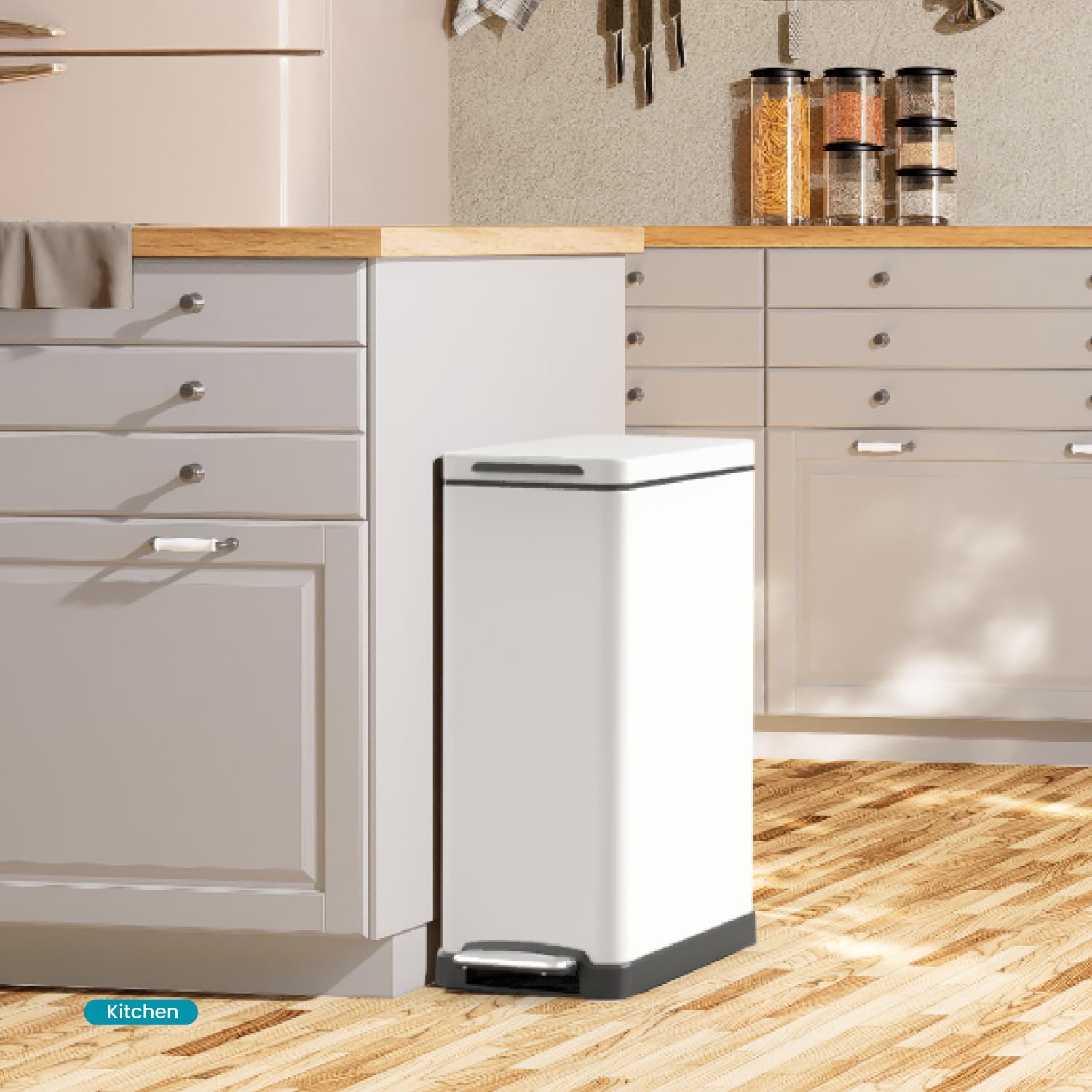 Home Zone Living 12 Gallon Slim Kitchen Trash Can with Slow Close Lid and Step Pedal, Stainless Steel, Matte White, 45 Liters