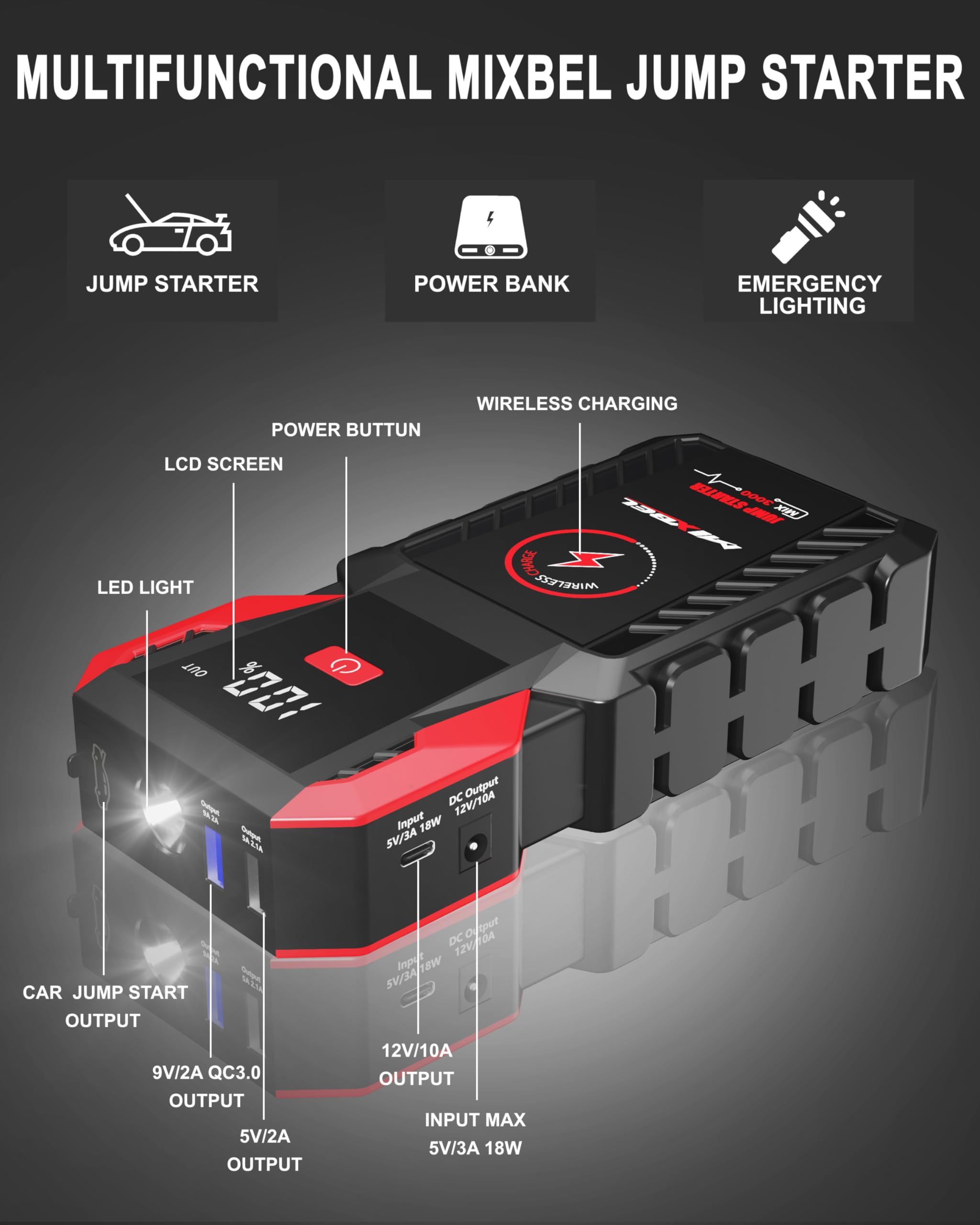 Arrancador de Baterias de Coche, 3000A Peak 12V Arrancador de Coches 24000mAh, Booster Arrancador Portatil para Motores Gasolina o DiéSel de 8L, con Luz LED, USB QC 3.0, Carga InaláMbrica