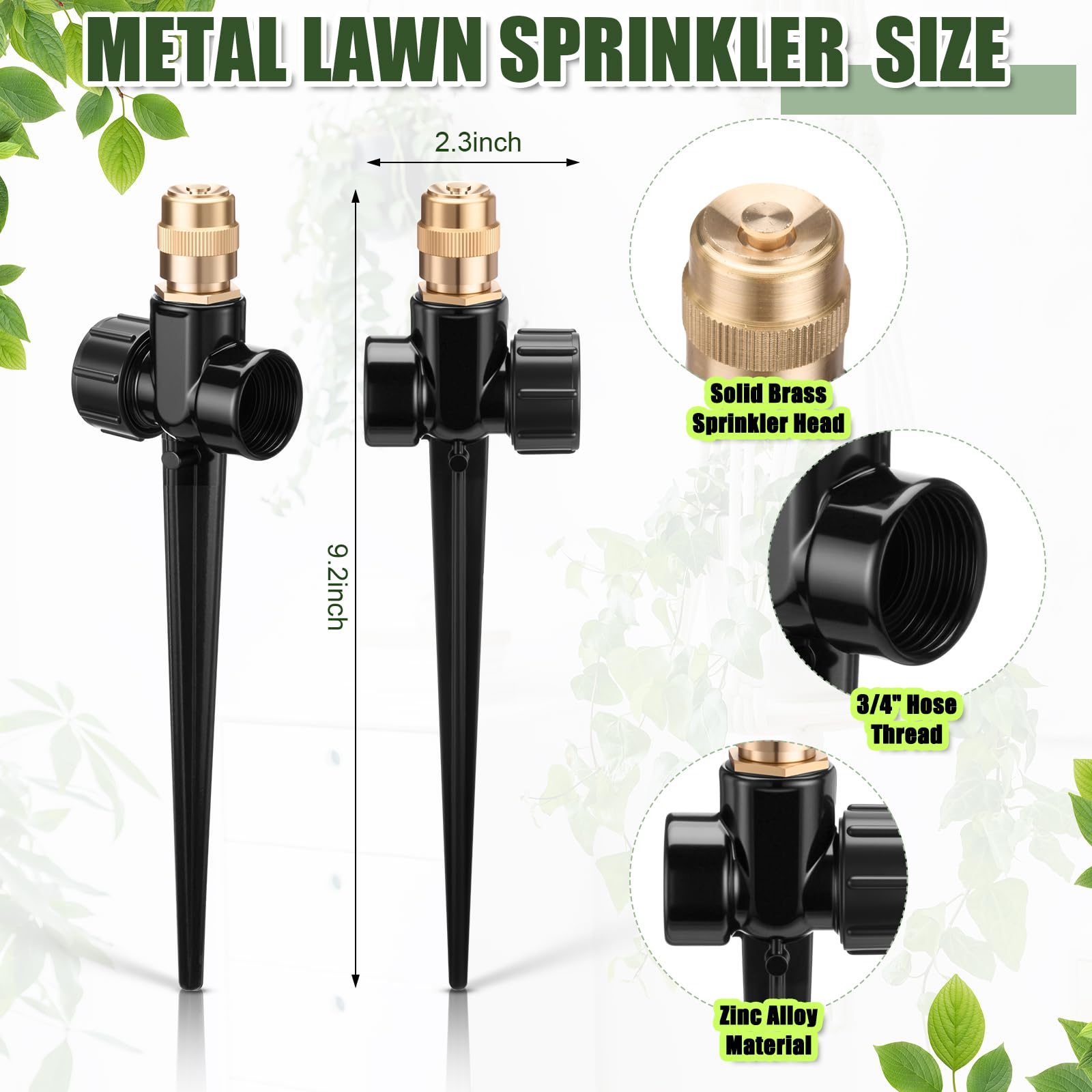 Tioncy Paquete de 4 aspersores automáticos de metal para césped en base de pico, rotación de 360 grados con boquilla de latón ajustable para césped, jardín, patio (color negro)