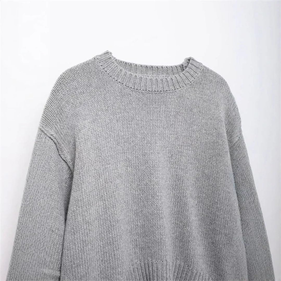 Women’S Casual Crew Neck Long Sleeve Loose Fit Thick Pullover with Pleated Sleeves