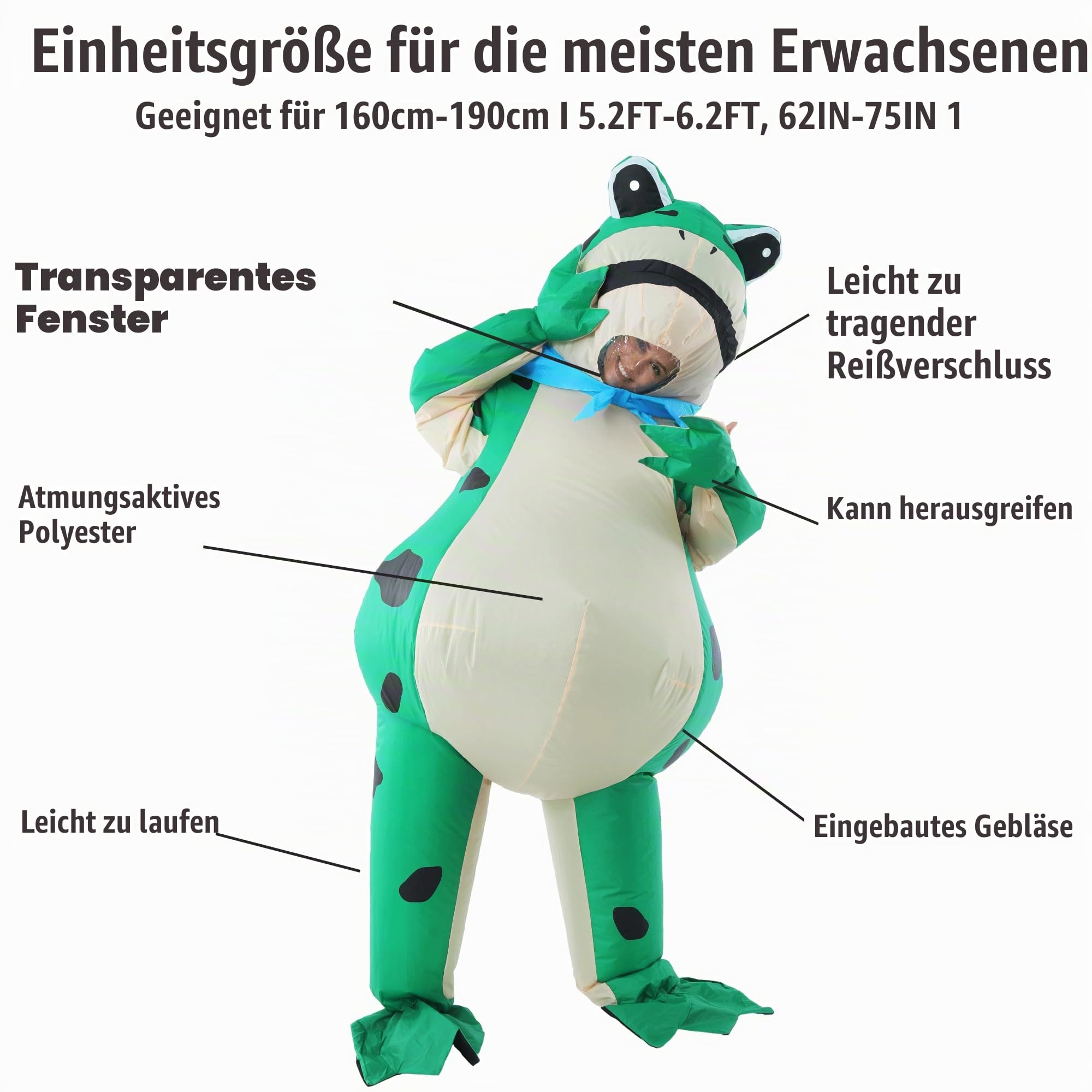 Aufblasbares Frosch Kostüm für Erwachsene, Lustiges Frosch Kostüm, Ganzkörper-Tierkostüm, Perfekt für Halloween, Weihnachten, Karneval, Mardi Gras, Junggesellenabschiede, Cosplay, Mottopartys