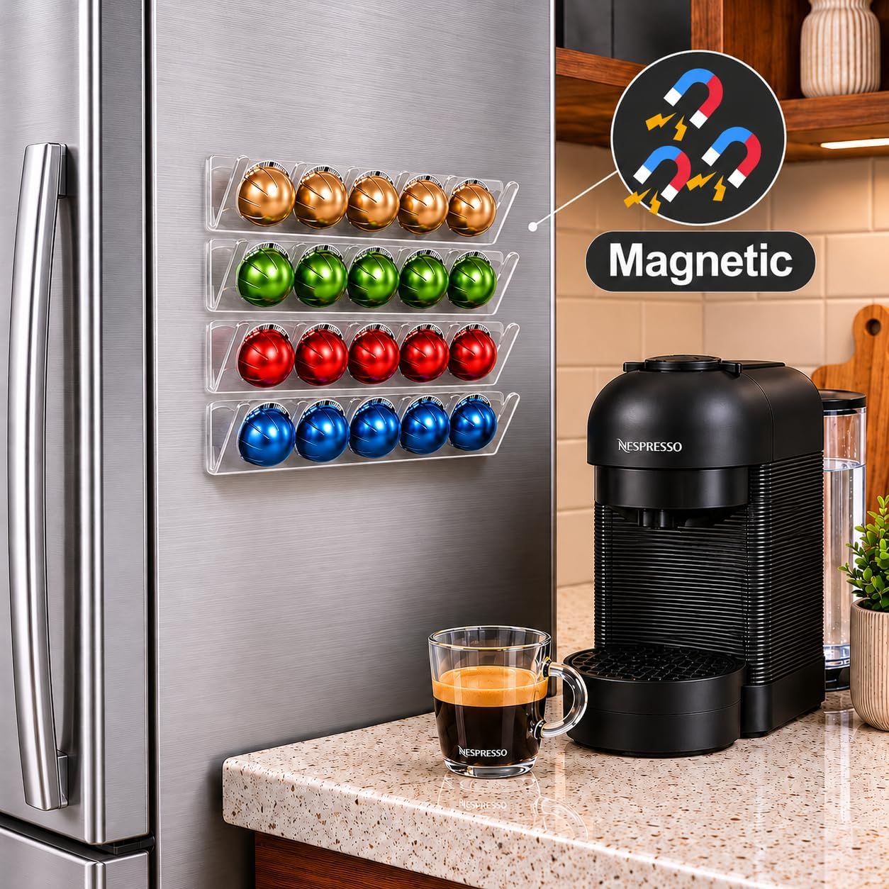 LifeMoreasy Magnetic Coffee Pods Holder for Nespresso Vertuo & Dolce Gusto, Self-Adhesive Wall Mounted Capsule Organizer for Kitchen Cabinet Fridge(4 Packs for 20 Pods)