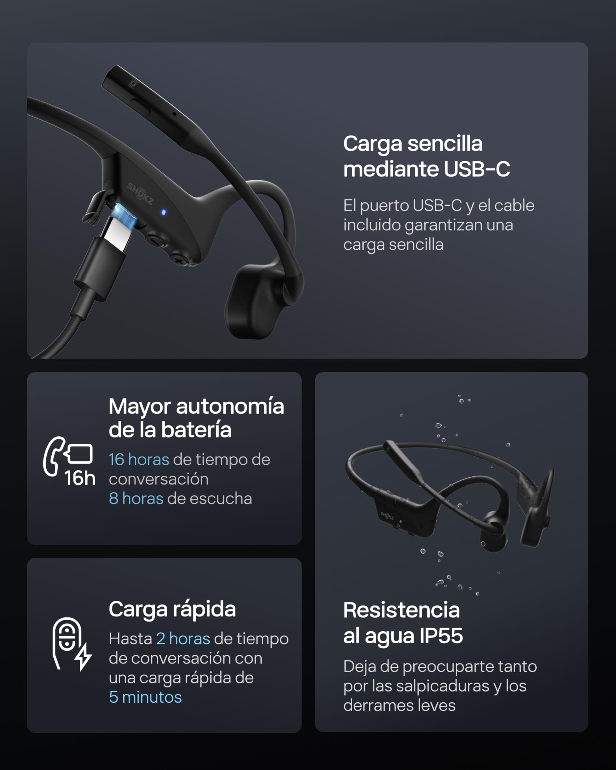 SHOKZ OpenComm2 UC 2025 Upgrade Auriculares Conducción Ósea Bluetooth,Negro | Inalámbricos | Oído Abierto | con Micrófono de Cancelación de Ruido | para Office y trabajo | Puerto de Carga Tipo C