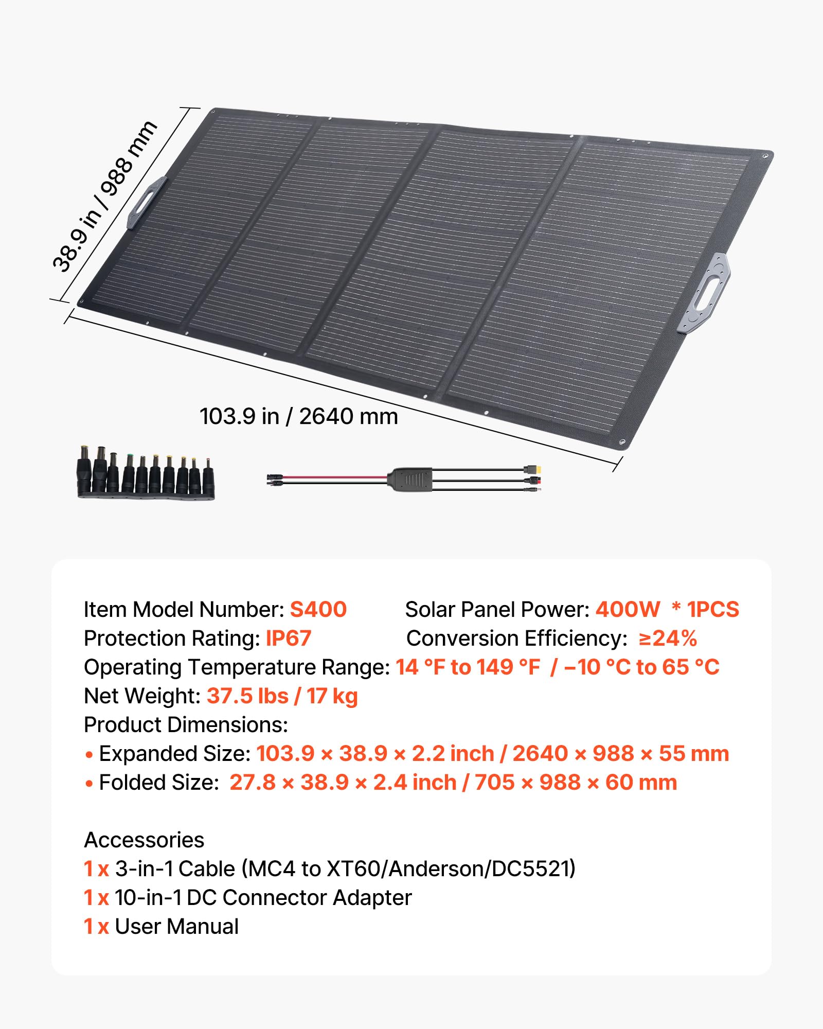 VEVOR Faltbares Solarpanel 400 W, Tragbares Solarladegerät 24% Hocheffizienz, Monokristallines Solarmodul mit MC4-Ausgang & 10-in-1-DC-Adapter, IP67, für Powerstations, Camping, Wandertouren