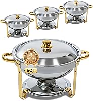 Grillaxy 6QT Chafing Dishes 4-Pack: Stainless Steel Round Buffet Food Warmers for Parties, Weddings, Catering Events