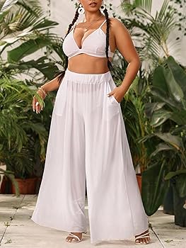 Floerns Women's Plus Size Sheer Mesh Elastic Waist Wide Leg
