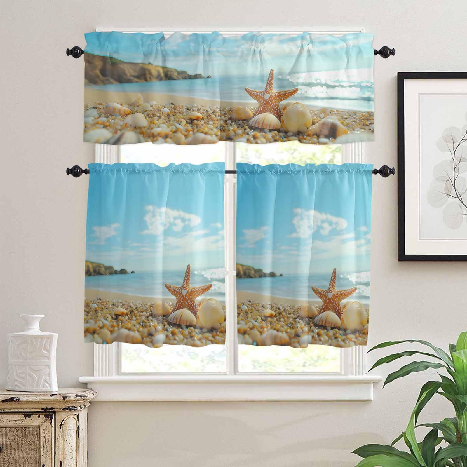 Coastal Starfish Kitchen Curtains 36 Inch Length, 3 Piece Rod Pocket Small Half Tiers and Valance Set, Modern Ocean Beach Conch Seashells Small Large Window Treatment Decor for Bedroom/Bathroom Sink