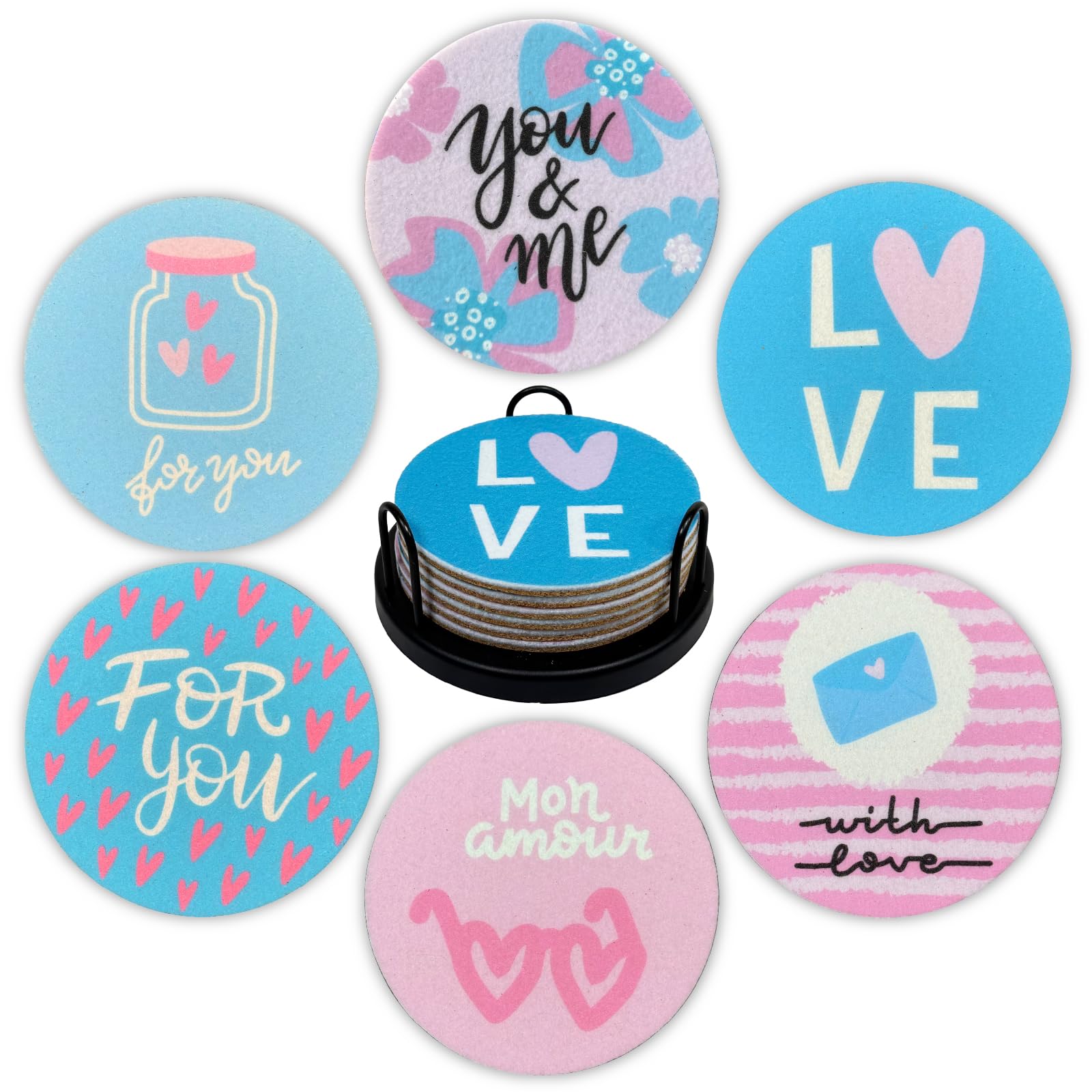 Liberatech Love & Romance 6Pc Love & Romance Felt Coasters Set Of 6, Round Absorbent Drink Coasters, Non-Slip Cork Backing, Removable Holder