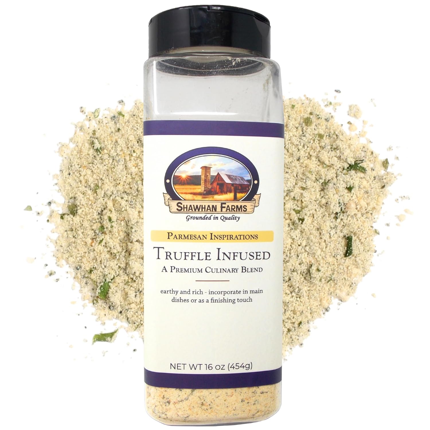 Shawhan Farms Truffle Infused Parmesan Seasoning, Real Parm Cheese Topper with Black Garlic, Small Batch USA, 16 oz Shaker