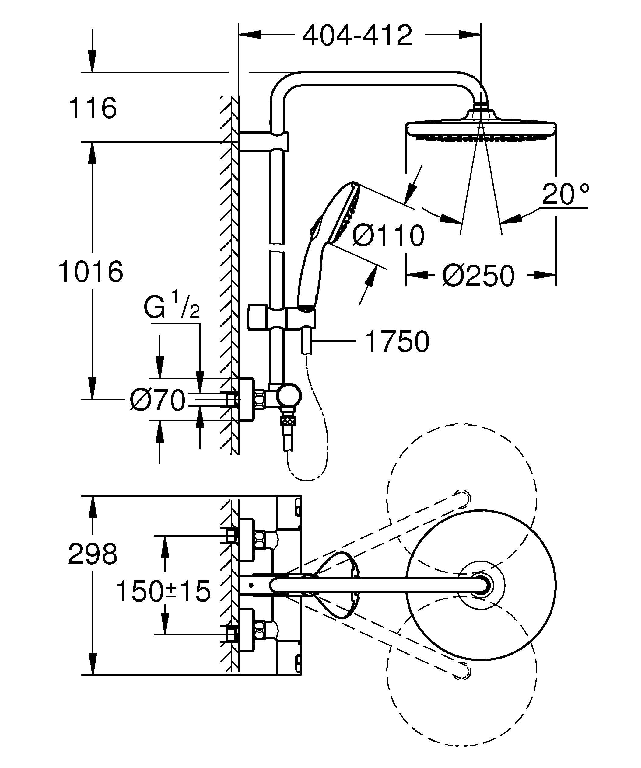 Grohe Vitalio 250 system prysznicowy oszczędzający wodę – 8 l na min (2 rodzaje strumienia, obrotowe ramię prysznicowe, blokada bezpieczeństwa przy 38C, system zapobiegający osadzaniu się kamienia),