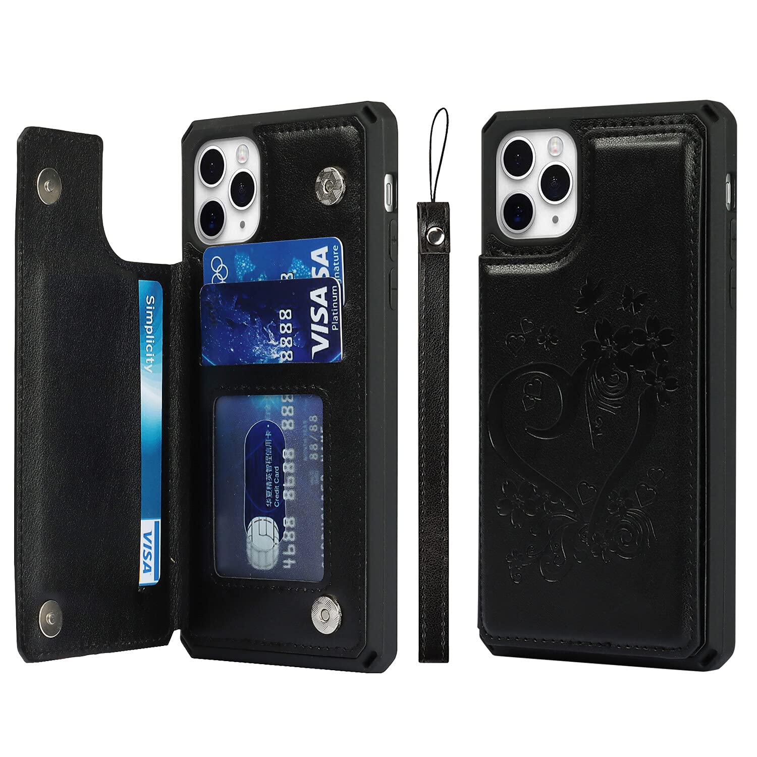 Cavor for iPhone 11 Pro Wallet Phone Case with Card Holder, Heart Black