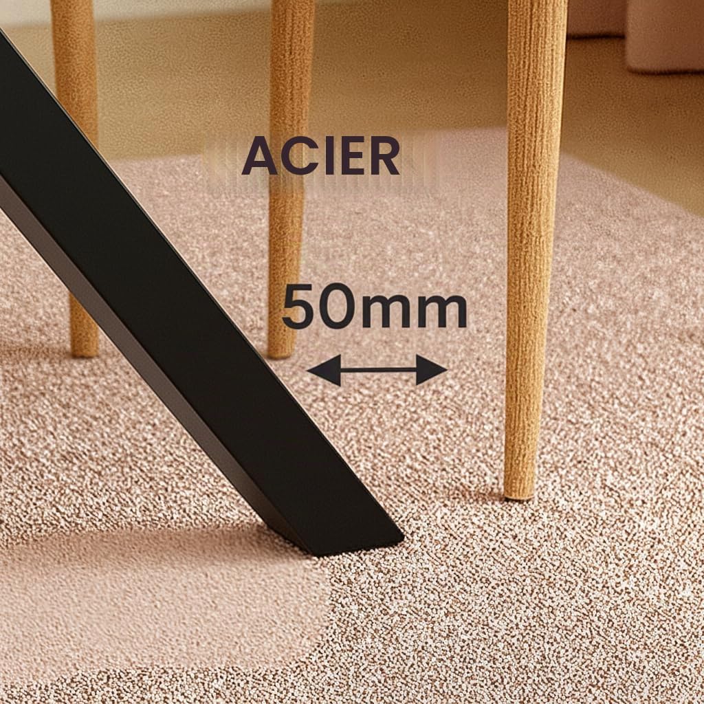 Table de salle à manger avec plateau en verre noir et pieds métalliques - 140 x 80 x 75 cm - Design moderne et élégant pour salon ou cuisine