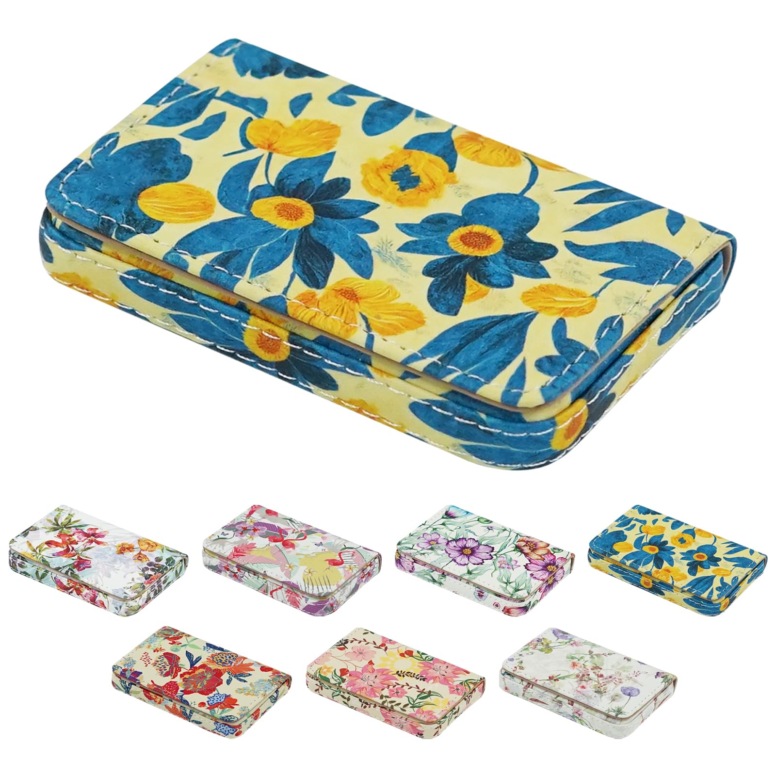 AI-DEE Business Card Holder，PU Leather Business Card Case Color Printing Pattern Card Holder Wallet，Pockets Magnetic Credit Card Holders for Men and Women - Pink Flowers