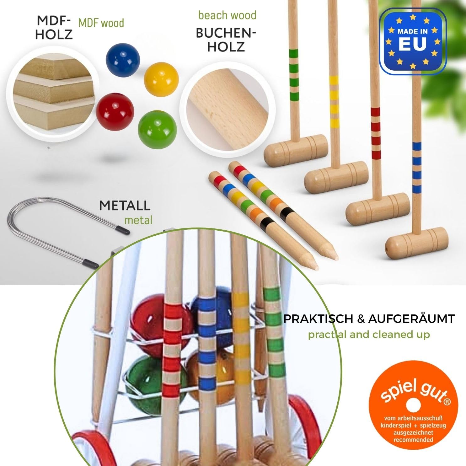 GICO Hochwertiges Krocketspiel ais Massivholz im Transportwagen aus Metall für 4 Spieler, 4 Schläger 100 cm für Erwachsene – EU Produkt – 3124