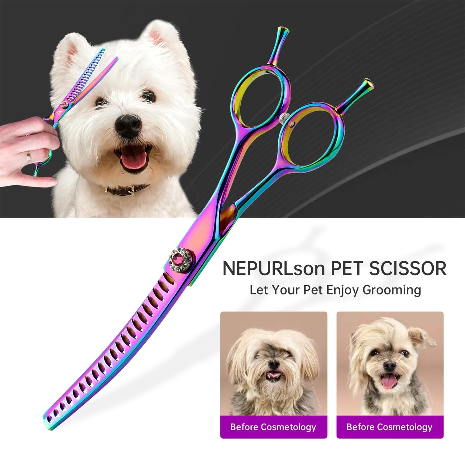 Ciseaux de toilettage 15 cm - Ciseaux incurvés professionnels - En acier inoxydable japonais - Pour chiens et chats - Réduction de 65 % d'épaisseur - Violet