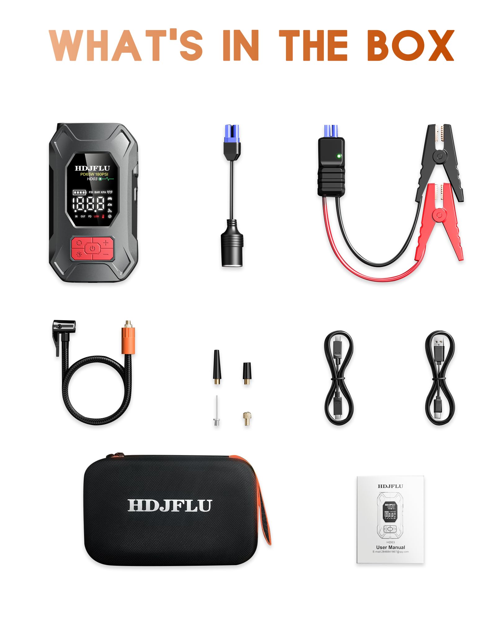 7500A con compressore d'aria da 180PSI, ricarica rapida da 65W, batteria portatile per auto da 24000mAh, gonfiatore di pneumatici da 12V (per benzina e diesel fino a 10L), luce LED