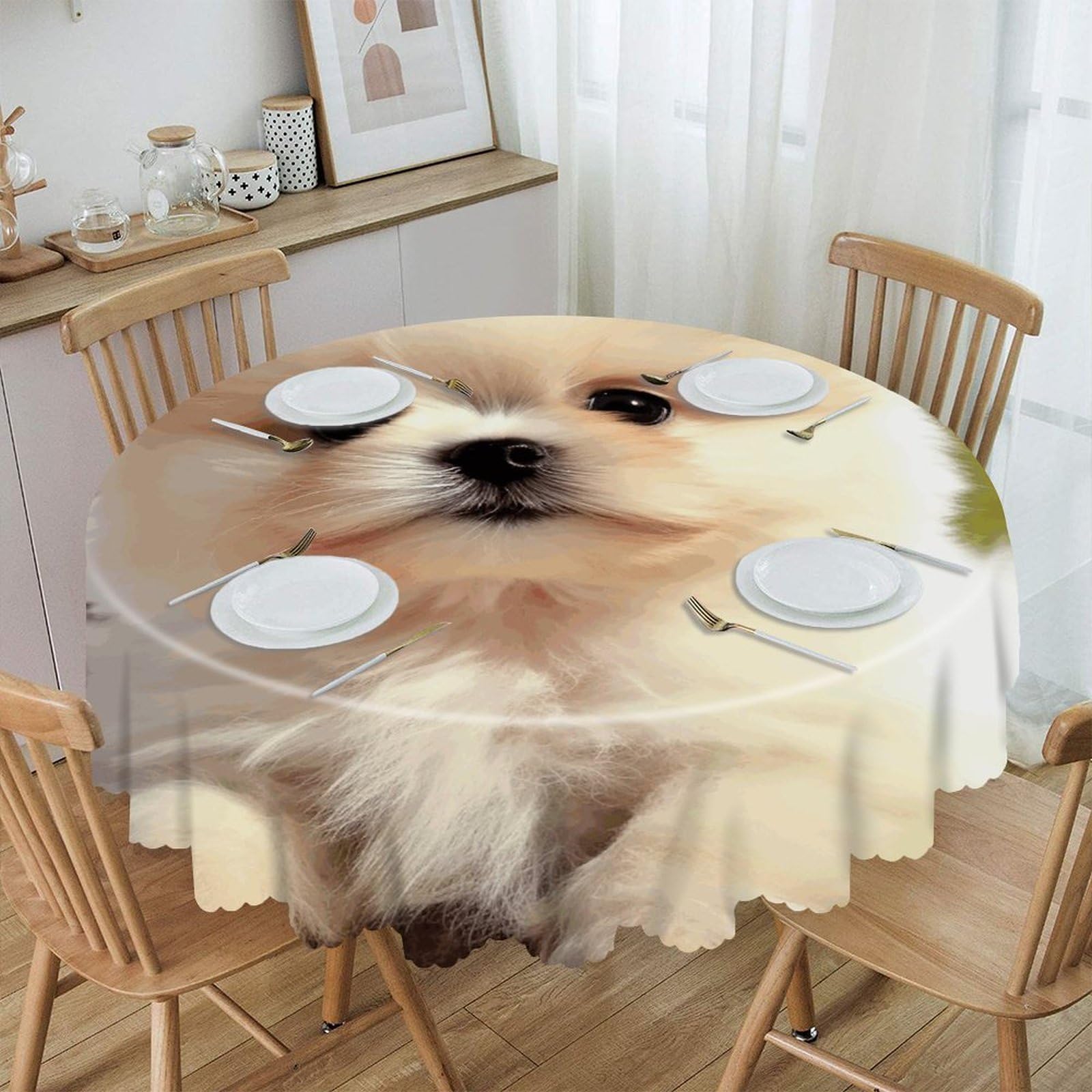 FekiLoot Cute Dog Round Tablecloth Waterproof Spill-Proof Wipeable Table Cloth Wrinkle Free Circle Dining Table Cover for Dining Kitchen Wedding Parties Machine Washable