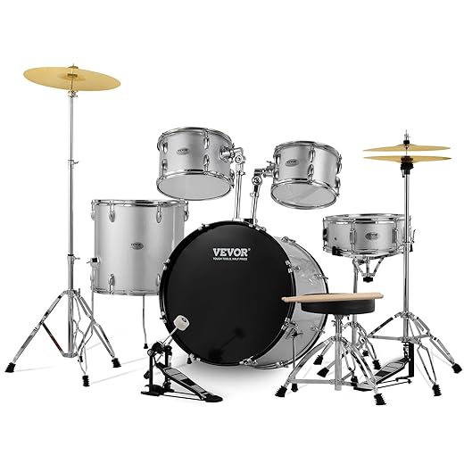 VEVOR Adult Drum Set, 5-Piece, 22 inches Complete Full Size Drum Kit with Bass Toms Snare Floor Drum Adjustable Throne Stands Cymbal Hi-Hat Pedal and Drumsticks, Beginner Drum Kit for Adults