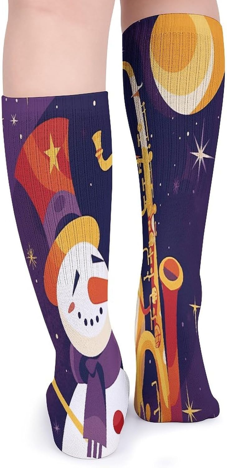 Snowman Plays Saxophone Knee High Socks Cozy Knee High Socks Soft Mid-Length Sock for All Seasons Daily Wear Adult
