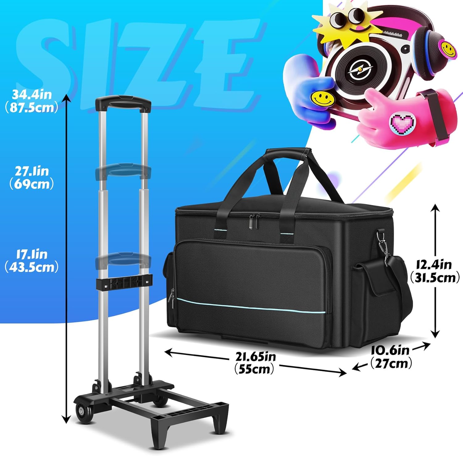 DJ Cable Bag, Rolling DJ Cable Bag with Detachable Trolley & Dividers, Large Capacity Gig Bag with Laptop Compartment, Professional Organizer Bag for Cables, Microphones, and DJ Equipment