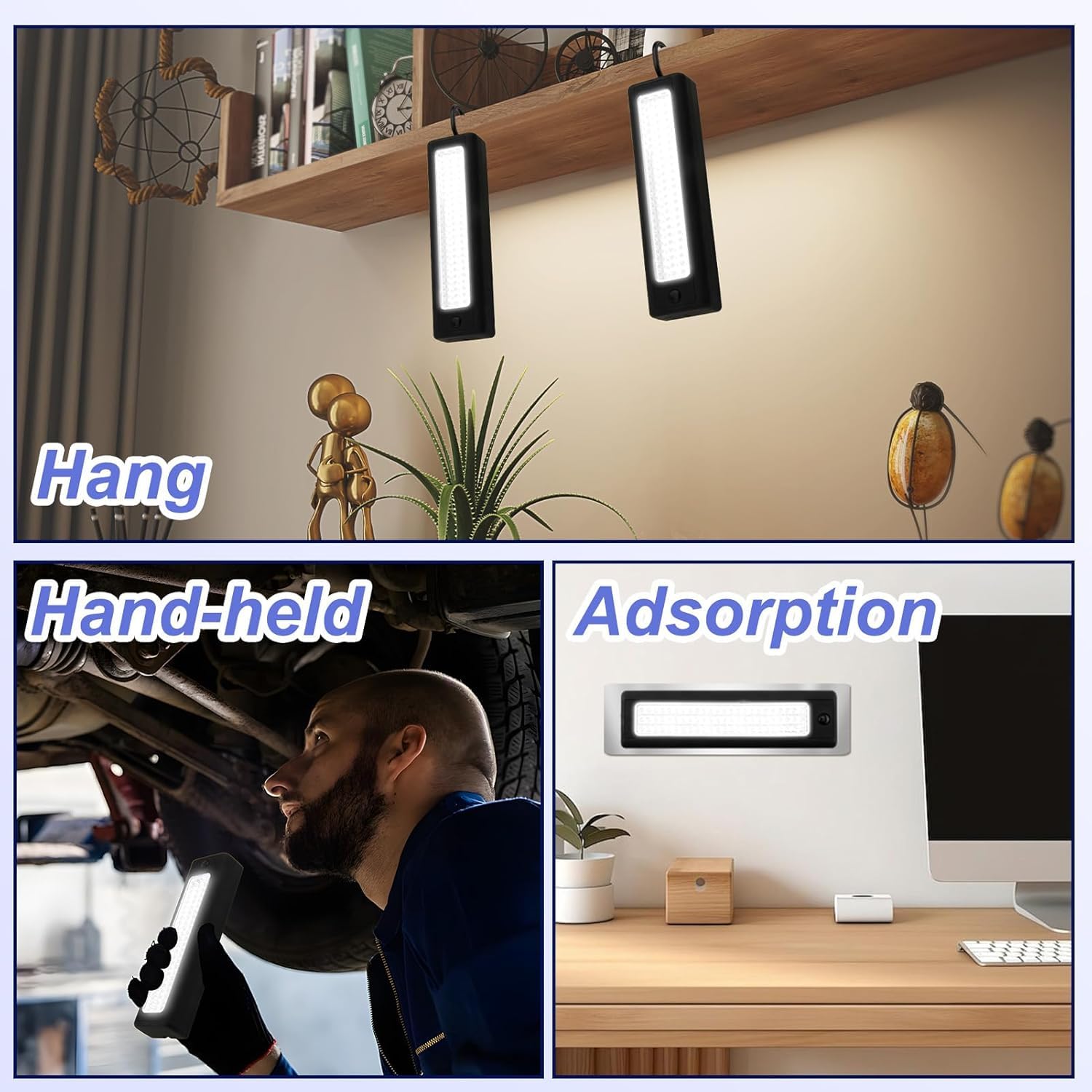 Luce magnetica con gancio sospeso, 72 LED ultra luminosa luce di lavoro lampade di ispezione portatili torce per il campeggio, la casa, soffitta, fai da te, laboratorio, pesca (nero, 4 confezione)