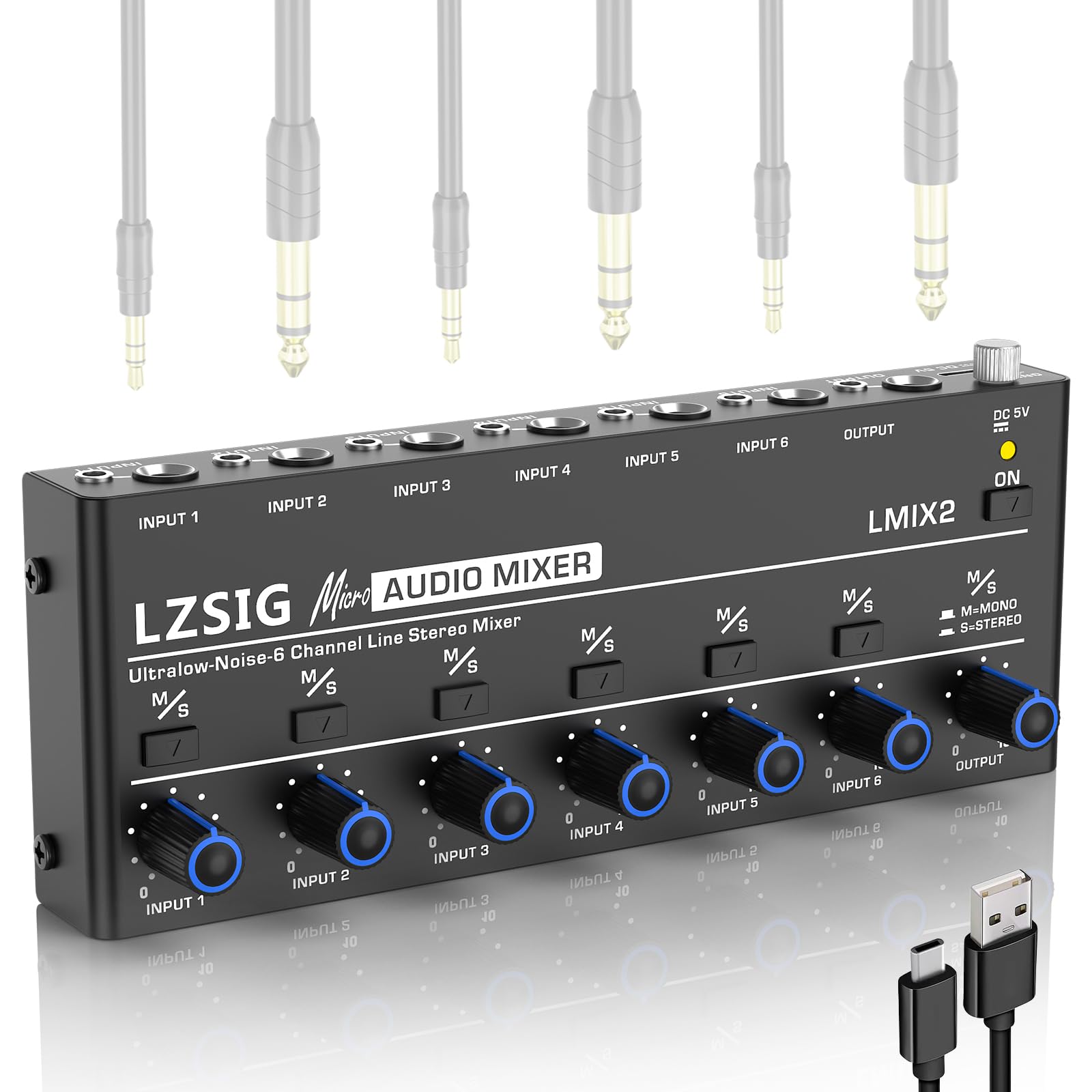 LZSIG Mini mixeur audio, mixeur de ligne stéréo pour sous-mixage, ultra silencieux, 6 canaux, contrôle indépendant du microphone, sortie et entrée TRS 6,3 mm et 0,3 cm, pour guitares, basses, claviers
