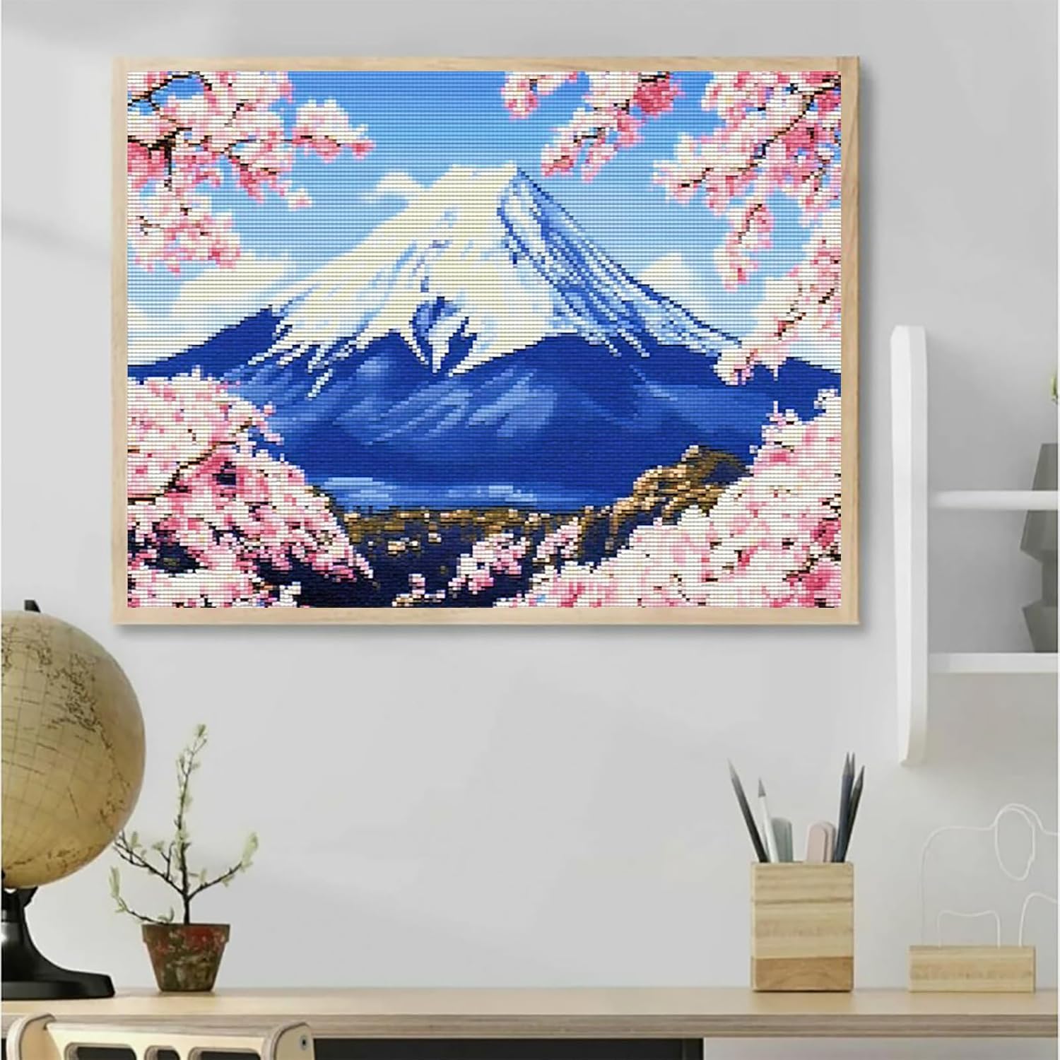 MIJVFNB Japanese Landscape Stamped Cross Stitch Kits for Adults, Mount Fuji Cherry Blossoms, 11CT Embroidery Cross Stitch Art Kit, DIY Handmade Cross Stitch Kits for Home Decor, 12x16 inch image 3