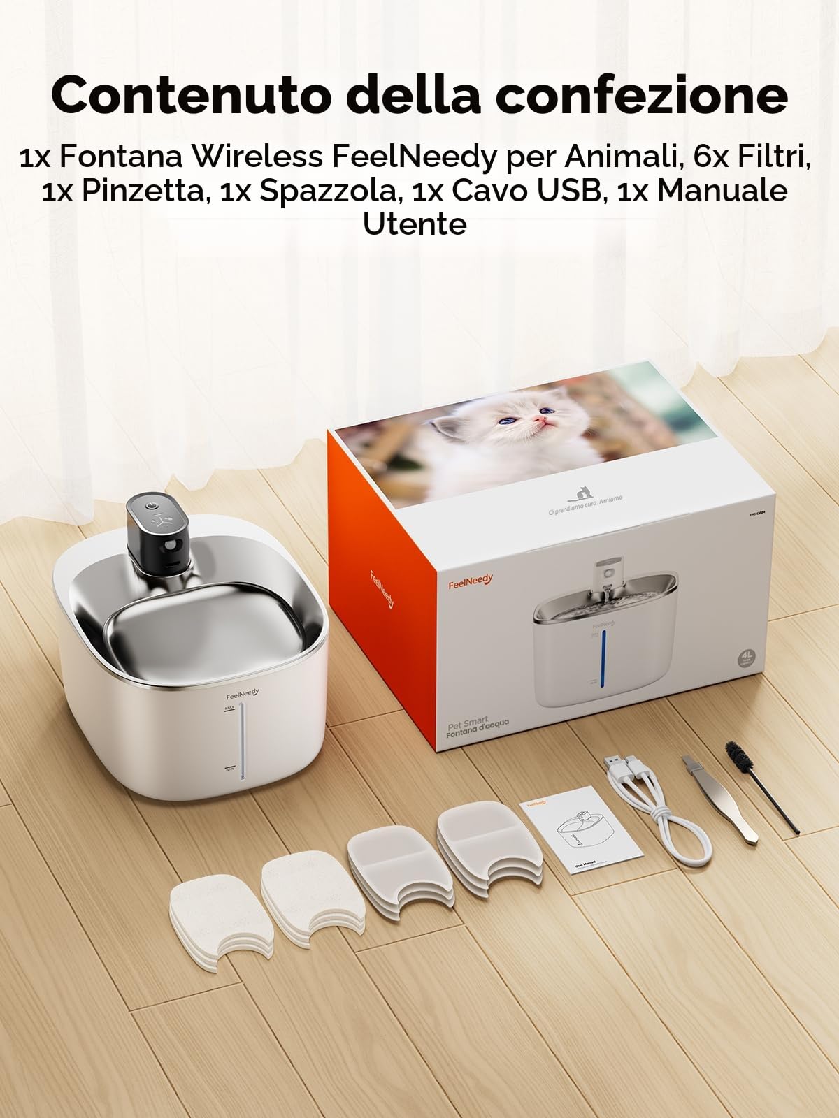 Fontanella per Gatti Senza Fili Acciaio A Batteria Con Sensore Di Movimento, FEELNEEDY 4 Litri Fontana d'Acqua Fresca Senza Corrente, Silenziosa, 4000mah, Con 6 Filtri e 12 Spugne